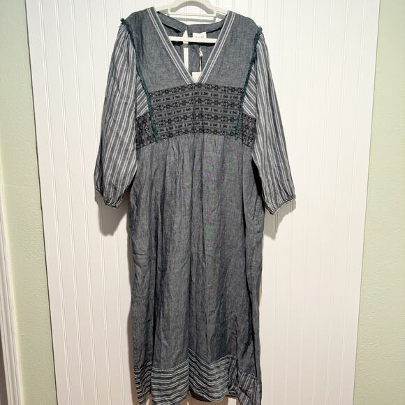 Wrap London Dresses & Skirts - Wrap London Linen Embroidered Midi Dress Boho Lagenlook Blue Gray NEW Size 18